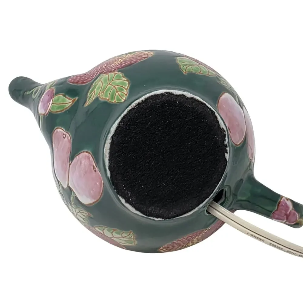 Vintage Ceramic Teapot Lamp Raised Fruit Green Chinoiserie Table Light